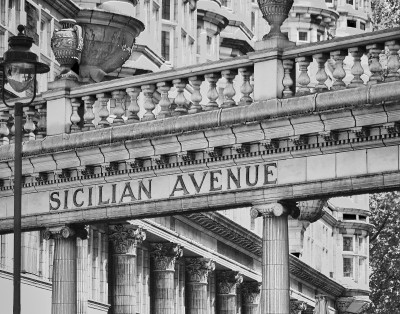 Black and white image of sicilian avenue columns/entrance