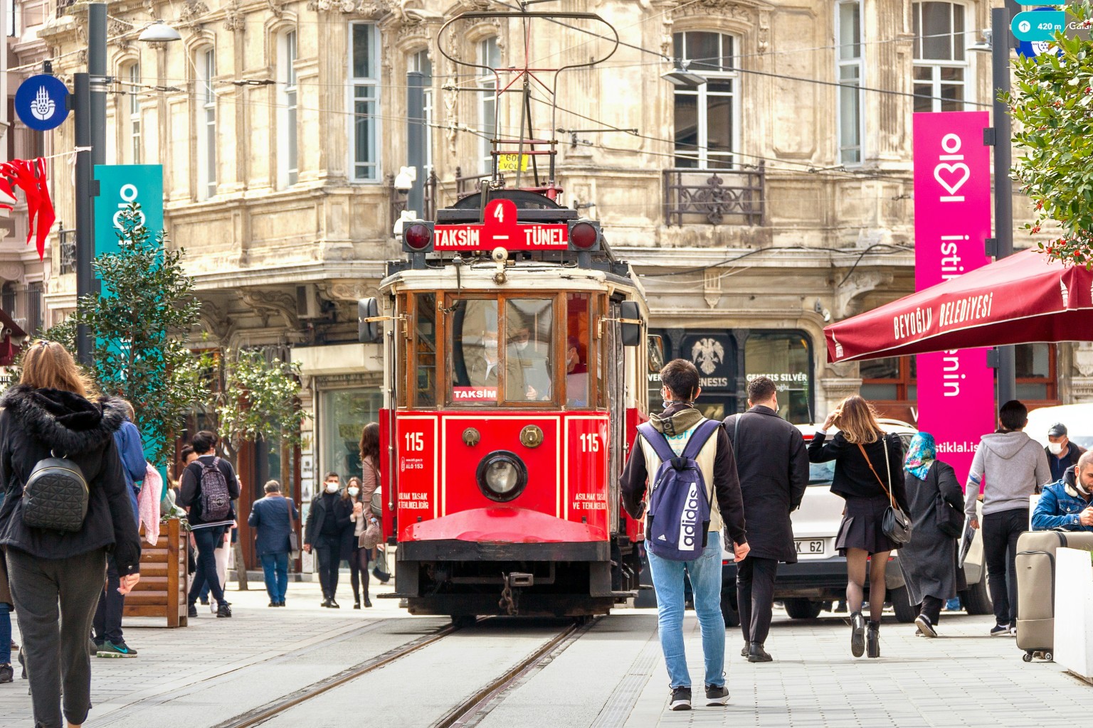 Tram on a pedestrianised street